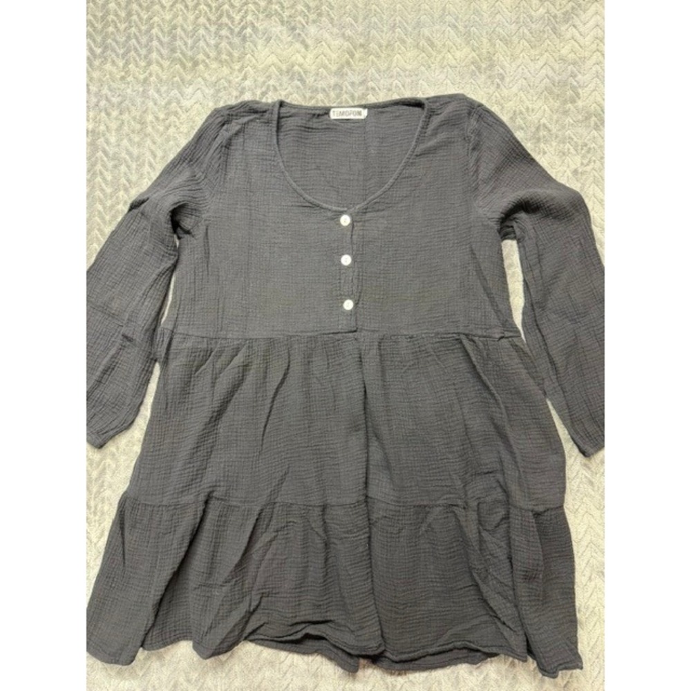 Temofon Gray Double Gauze Cotton Tiered Babydoll Tunic Top XL 0669